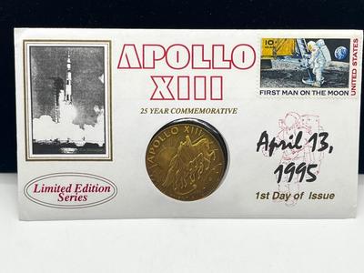 LOT 201J: Limited Edition Series Apollo 13 Silver Coin with First Day Issue April 13, 1995 Envelope and Stamp