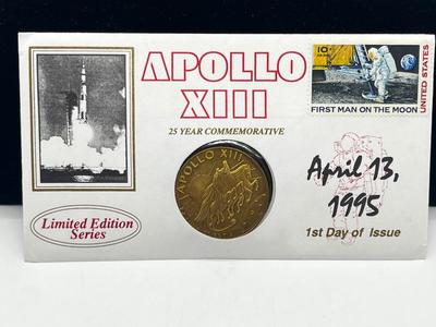 LOT 201J: Limited Edition Series Apollo 13 Silver Coin with First Day Issue April 13, 1995 Envelope and Stamp