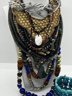 LOT 237J: Unique Funky Necklace Collection + Turquoise Beaded Bracelet