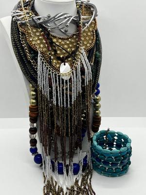 LOT 237J: Unique Funky Necklace Collection + Turquoise Beaded Bracelet
