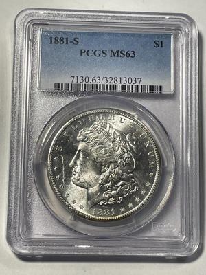 PCGS CERTIFIED 1881-S MS63 MORGAN SILVER DOLLAR AS PICTURED. FREE DOMESTIC SHIPPING.