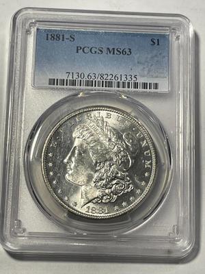 PCGS CERTIFIED 1881-S MS63 MORGAN SILVER DOLLAR AS PICTURED. FREE DOMESTIC SHIPPING.