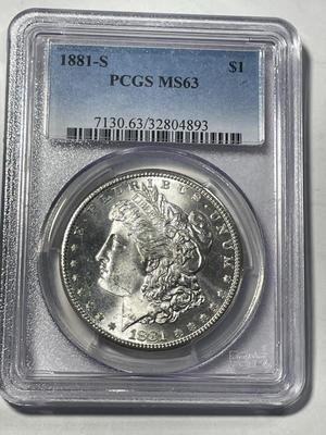 PCGS CERTIFIED 1881-S MS63 MORGAN SILVER DOLLAR AS PICTURED. FREE DOMESTIC SHIPPING.