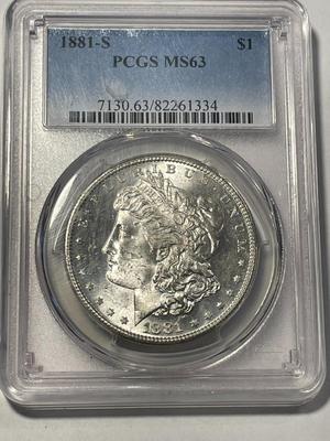 PCGS CERTIFIED 1881-S MS63 MORGAN SILVER DOLLAR AS PICTURED. FREE DOMESTIC SHIPPING.