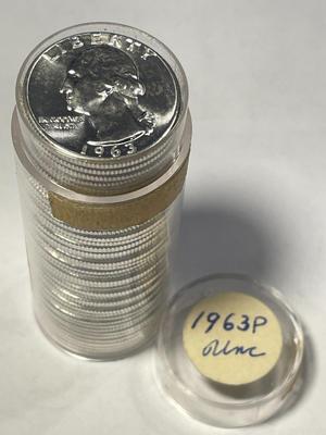 ROLL OF 40 1963-P VERY CHOICE BU SILVER WASHINGTON QUARTER ROLL AS PICTURED. FREE DOMESTIC SHIPPING.