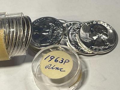 ROLL OF 40 1963-P VERY CHOICE BU SILVER WASHINGTON QUARTER ROLL AS PICTURED. FREE DOMESTIC SHIPPING.