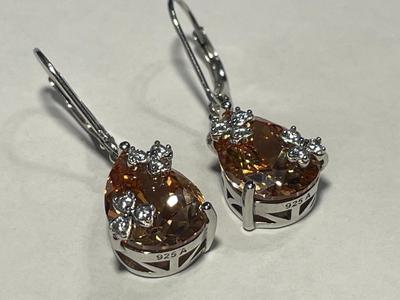 New Never Worn Dainty .925 Sterling Silver Dangling Citrine Colored Stone Earrings as Pictured. FREE DOMESTIC SHIPPING.