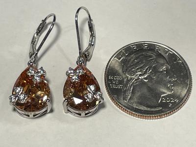 New Never Worn Dainty .925 Sterling Silver Dangling Citrine Colored Stone Earrings as Pictured. FREE DOMESTIC SHIPPING.