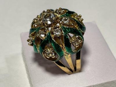 Vintage Preowned .925 Gold-toned Sterling Silver Designer Enameled CZ Dome Ring Size-6 in VG Condition as Pictured.