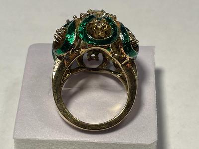 Vintage Preowned .925 Gold-toned Sterling Silver Designer Enameled CZ Dome Ring Size-6 in VG Condition as Pictured.
