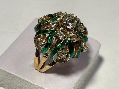 Vintage Preowned .925 Gold-toned Sterling Silver Designer Enameled CZ Dome Ring Size-6 in VG Condition as Pictured.