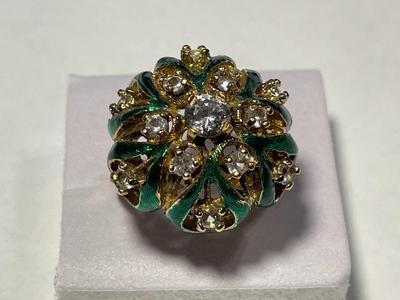 Vintage Preowned .925 Gold-toned Sterling Silver Designer Enameled CZ Dome Ring Size-6 in VG Condition as Pictured.