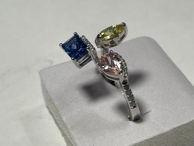 New Never Worn Dainty .925 Sterling Silver Designer Adjustable Colored Stone CZ Ring Size 9-9.5 as Pictured. FREE DOMESTIC SHIPPING.