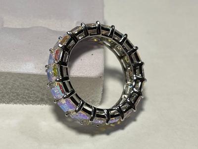 New Never Worn Dainty .925 Sterling Silver Designer Iridescent Colored Stone Eternity Band Ring Size-8 as Pictured. FREE DOMESTIC SHIPPING.