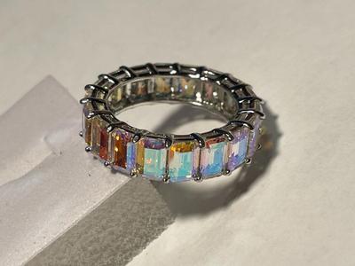 New Never Worn Dainty .925 Sterling Silver Designer Iridescent Colored Stone Eternity Band Ring Size-8 as Pictured. FREE DOMESTIC SHIPPING.