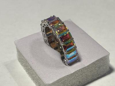 New Never Worn Dainty .925 Sterling Silver Designer Iridescent Colored Stone Eternity Band Ring Size-8 as Pictured. FREE DOMESTIC SHIPPING.