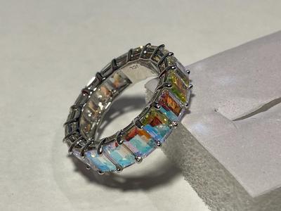 New Never Worn Dainty .925 Sterling Silver Designer Iridescent Colored Stone Eternity Band Ring Size-8 as Pictured. FREE DOMESTIC SHIPPING.