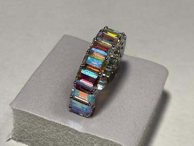 New Never Worn Dainty .925 Sterling Silver Designer Iridescent Colored Stone Eternity Band Ring Size-8 as Pictured. FREE DOMESTIC SHIPPING.