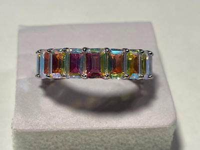 New Never Worn Dainty .925 Sterling Silver Designer Iridescent Colored Stone Eternity Band Ring Size-8 as Pictured. FREE DOMESTIC SHIPPING.
