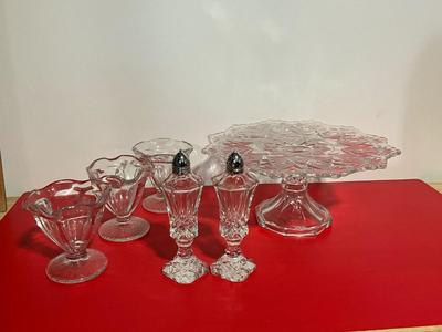 Crystal Set Salt and Pepper Shaker, Cake Platter, and Sundae Cups