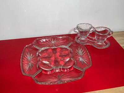 Glass Appetizer Platter with deviled egg center and matching cream and sugar set