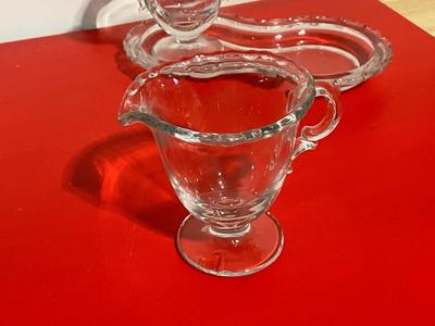 Glass Appetizer Platter with deviled egg center and matching cream and sugar set