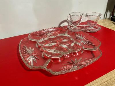 Glass Appetizer Platter with deviled egg center and matching cream and sugar set