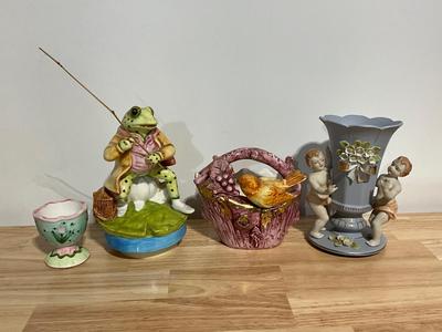Frog Music maker, bird on basket and blue Vase