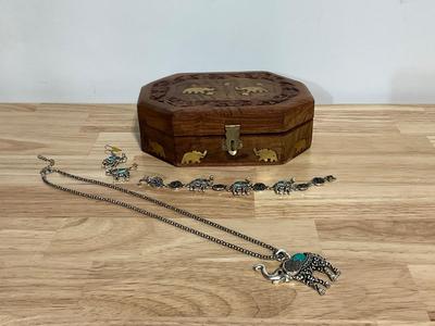 Elephant Jewelry Box and Silver Tone Faux Turqoise Set