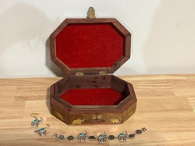 Elephant Jewelry Box and Silver Tone Faux Turqoise Set