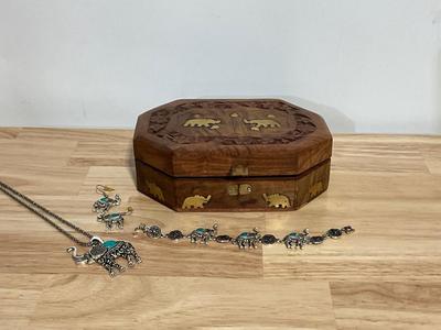 Elephant Jewelry Box and Silver Tone Faux Turqoise Set