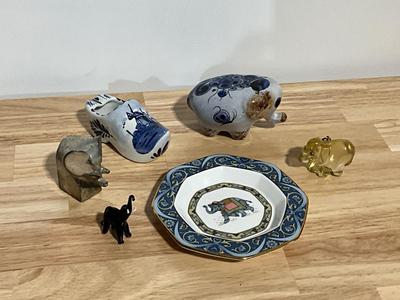 Elephant Plate, Elephant Figurines, and Dutch Shoe