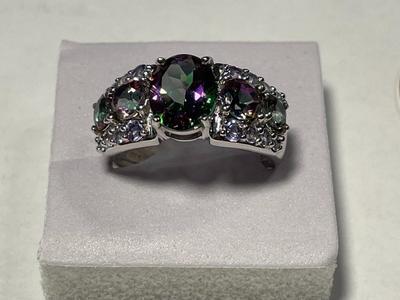 New Never Worn .925 Sterling Silver Designer Iridescent Colored Stone Band Ring Size-8.75 as Pictured. FREE DOMESTIC SHIPPING.