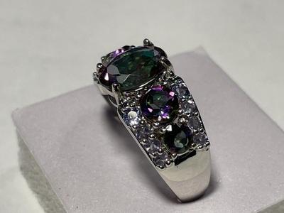 New Never Worn .925 Sterling Silver Designer Iridescent Colored Stone Band Ring Size-8.75 as Pictured. FREE DOMESTIC SHIPPING.