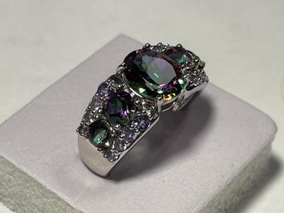 New Never Worn .925 Sterling Silver Designer Iridescent Colored Stone Band Ring Size-8.75 as Pictured. FREE DOMESTIC SHIPPING.