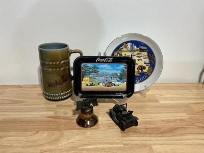 Irish Mug, Coca Cola platter, ND plate, liberty bell, and Car pencil sharpener