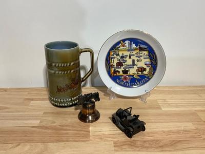 Irish Mug, Coca Cola platter, ND plate, liberty bell, and Car pencil sharpener