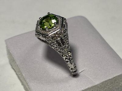 New Never Worn Dainty .925 Sterling Silver Designer Filigree Antique Style Peridot Colored Stone Ring Size-9 as Pictured. FREE DOMESTIC...