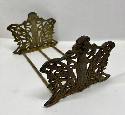 Brass Finish Cast Iron Art Nouveau Lady Book Rack Sliding Holder Bookend Woman