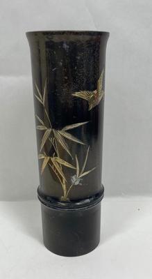 Vintage Japanese Vase Metal Carving Bird And Bamboo
