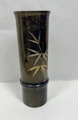 Vintage Japanese Vase Metal Carving Bird And Bamboo