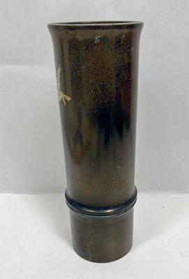 Vintage Japanese Vase Metal Carving Bird And Bamboo