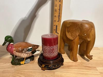 Ceramic Mallard, carved wood candle stand, large wood elephant