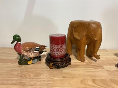 Ceramic Mallard, carved wood candle stand, large wood elephant