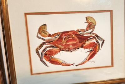 Lot #77 Pair of Nadine Stamm (d.2012) Crab Watercolors - Bay St. Louis artist