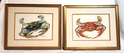 Lot #77 Pair of Nadine Stamm (d.2012) Crab Watercolors - Bay St. Louis artist
