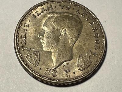 LUXEMBOURG 1946 AU CONDITION 50 FRANCS SILVER COIN LOW 100,000 MINTAGE AS PICTURED. FREE DOMESTIC SHIPPING.