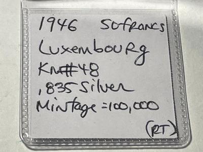 LUXEMBOURG 1946 AU CONDITION 50 FRANCS SILVER COIN LOW 100,000 MINTAGE AS PICTURED. FREE DOMESTIC SHIPPING.