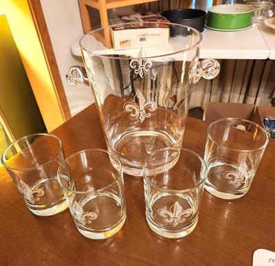 Lot #93 Crystal Fleur di Lis Ice Bucket w/4 Rocks Glasses