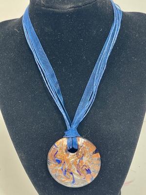 Venetiaurum Italy Murano Glass Blue/Gold Round Necklace